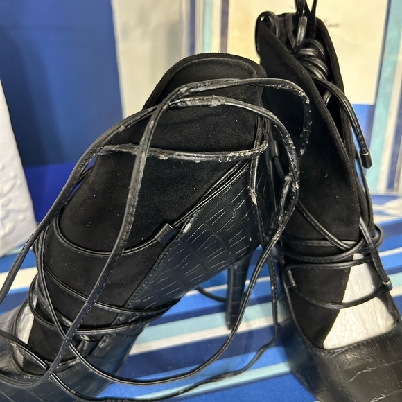 New black open croc animal print lace up high heel pointed pump boots - Picture 16 of 16